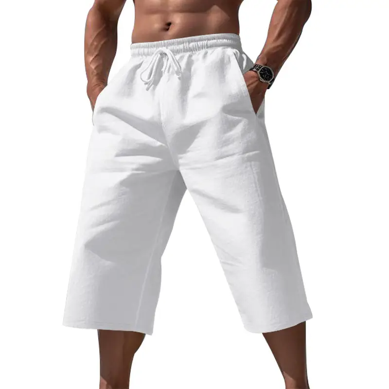 Men Linen Capri Pants Light Blue Summer Loose Fit - Image 11