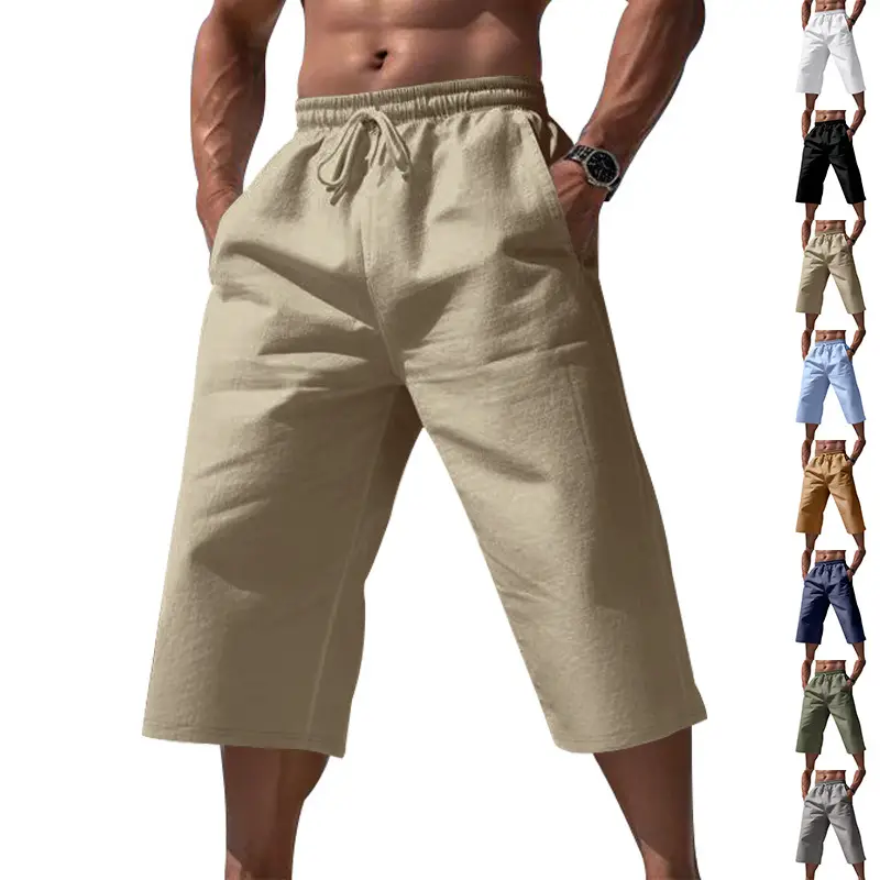 Men Linen Capri Pants Light Blue Summer Loose Fit — feature 3