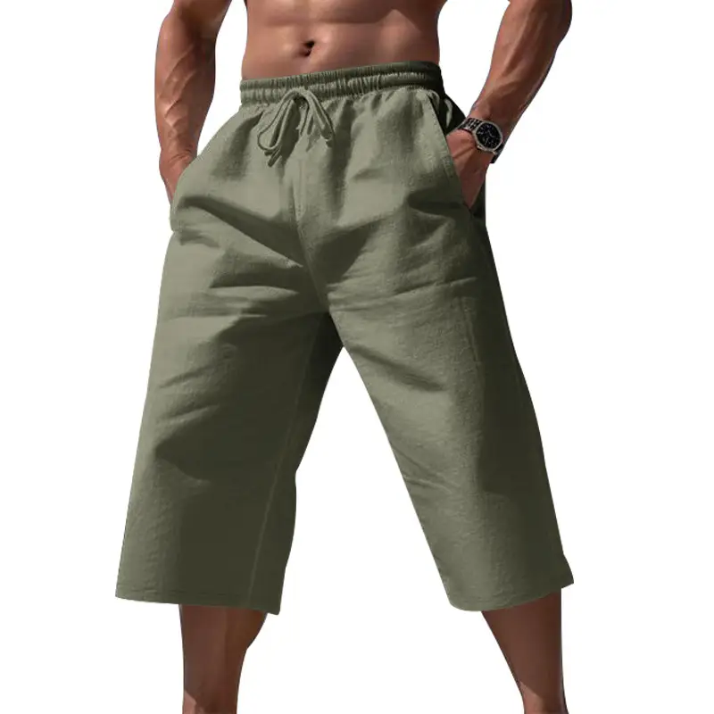 Men Linen Capri Pants Light Blue Summer Loose Fit — feature 40