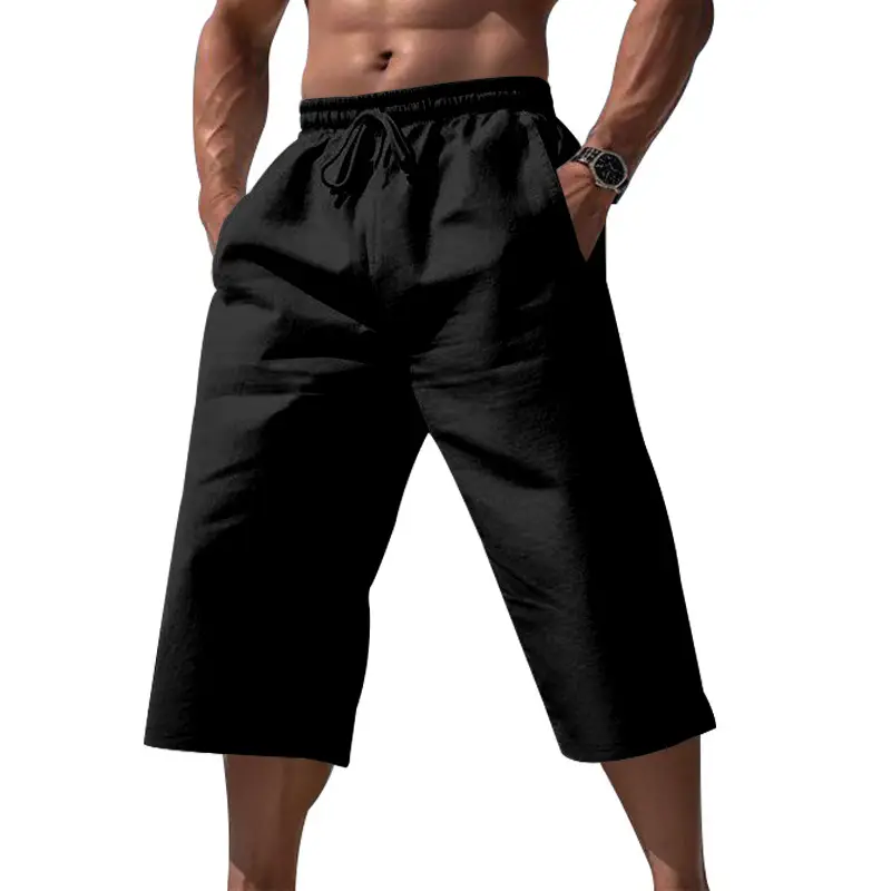 Men Linen Capri Pants Light Blue Summer Loose Fit - Image 2