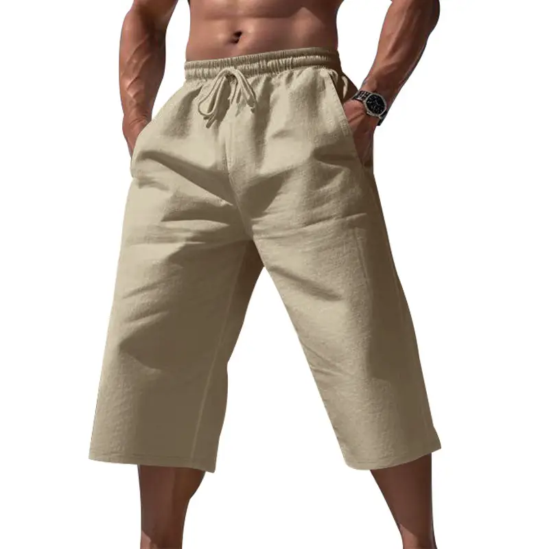 Men Linen Capri Pants Light Blue Summer Loose Fit - Image 4