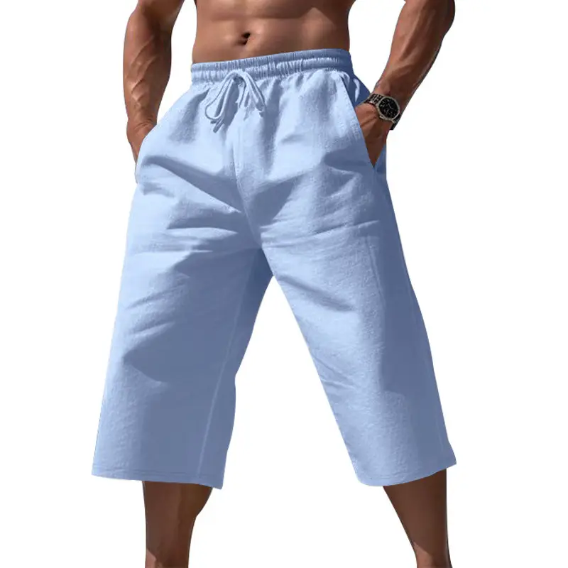 Men Linen Capri Pants Light Blue Summer Loose Fit - Image 5
