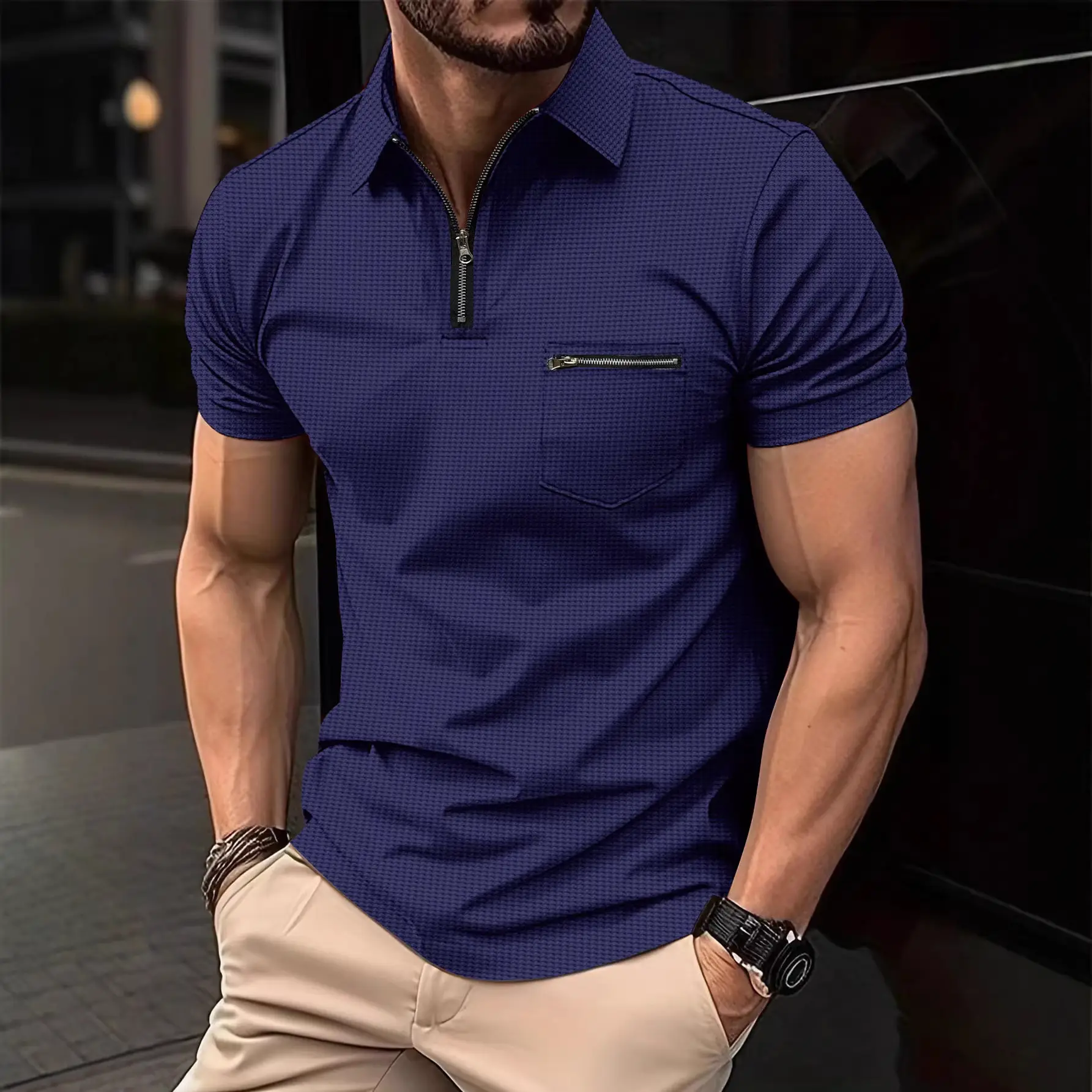 Men's Black T-Shirt Polo Pocket Pull Up Lapel Shirt - Image 7