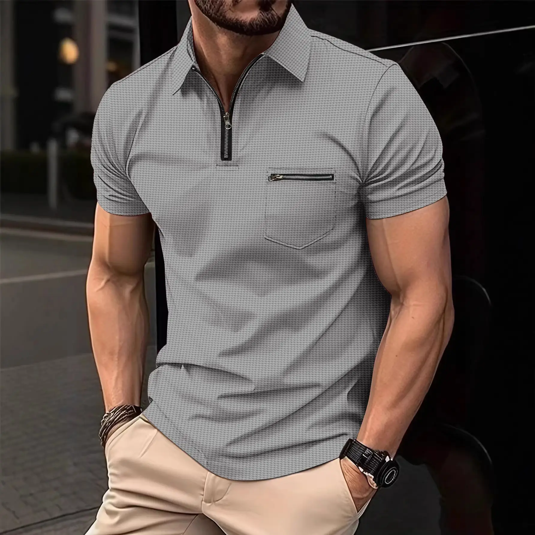 Men's Black T-Shirt Polo Pocket Pull Up Lapel Shirt - Image 8