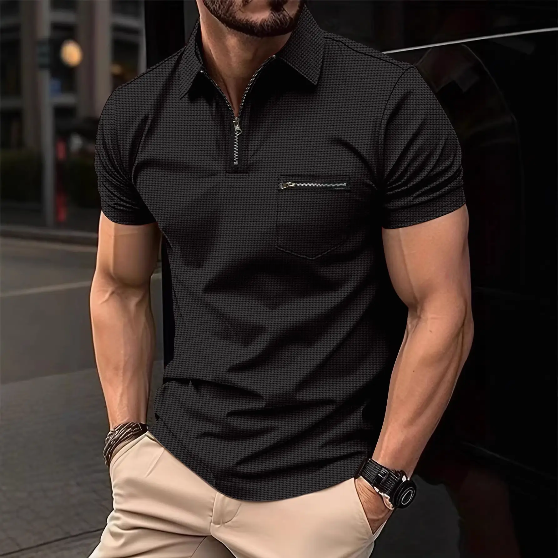 Men's Black T-Shirt Polo Pocket Pull Up Lapel Shirt - Image 9
