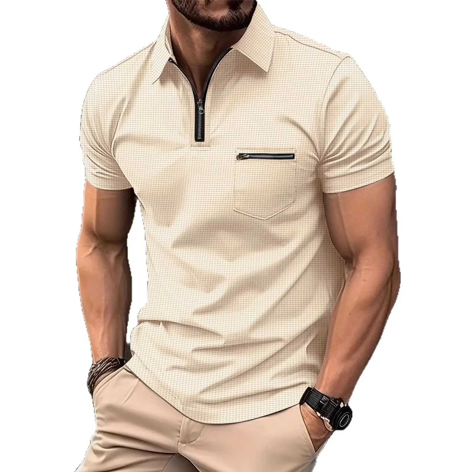 Men's Black T-Shirt Polo Pocket Pull Up Lapel Shirt - Image 10