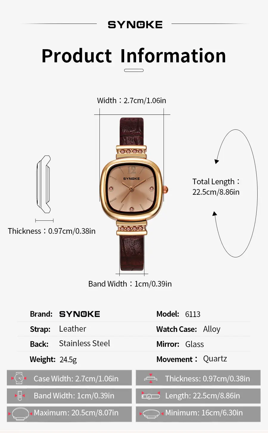 Synoke Women's Square Watch with Diamond Strap — feature 18