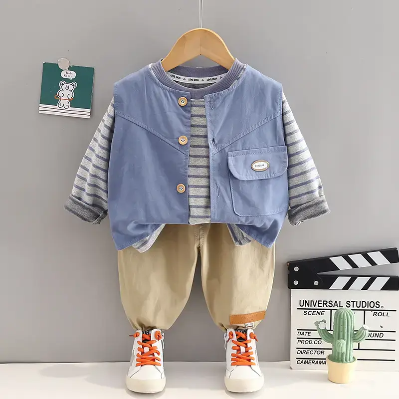 Boys' 3-Piece Western Suit Striped T-Shirt & Pants Set - Image 2