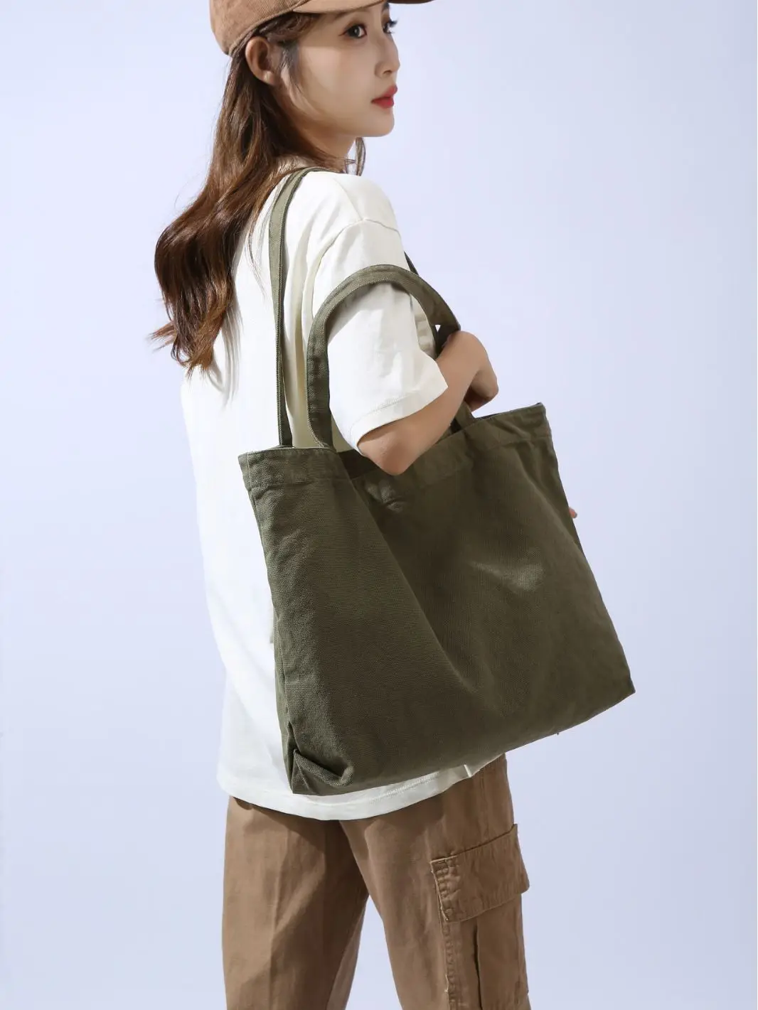 Large Capacity Canvas Tote Bag Women Olive Green - Image 7