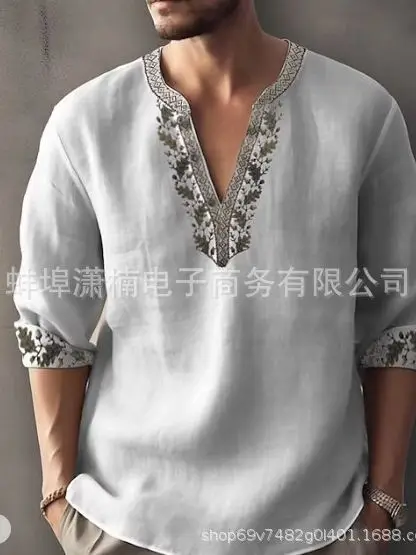 Men's Golden Embroidered V-Neck Pullover Shirt - Image 13