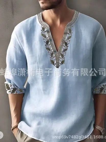 Men's Golden Embroidered V-Neck Pullover Shirt - Image 14