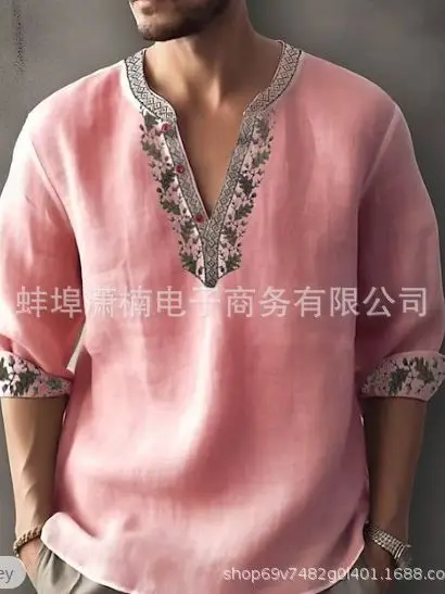 Men's Golden Embroidered V-Neck Pullover Shirt - Image 15