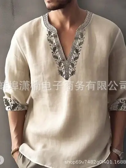 Men's Golden Embroidered V-Neck Pullover Shirt - Image 16