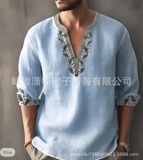 Men's Golden Embroidered V-Neck Pullover Shirt — feature 3