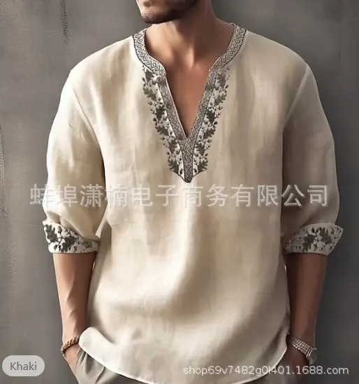 Men's Golden Embroidered V-Neck Pullover Shirt — feature 4