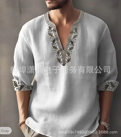 Men's Golden Embroidered V-Neck Pullover Shirt — feature 5