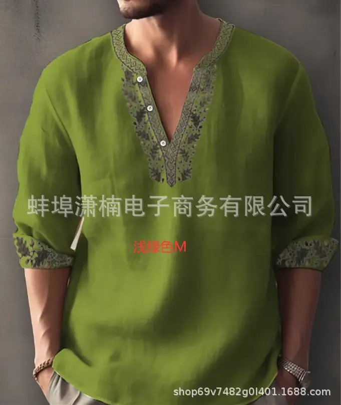 Men's Golden Embroidered V-Neck Pullover Shirt - Image 10