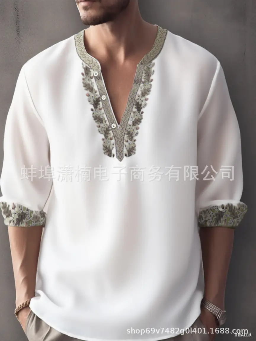 Men's Golden Embroidered V-Neck Pullover Shirt - Image 11