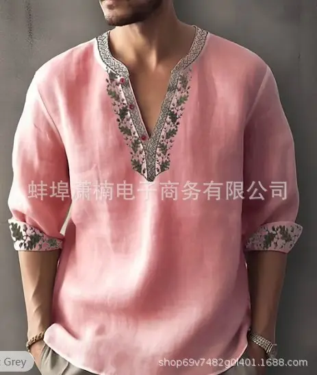 Men's Golden Embroidered V-Neck Pullover Shirt - Image 3