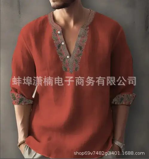 Men's Golden Embroidered V-Neck Pullover Shirt - Image 5