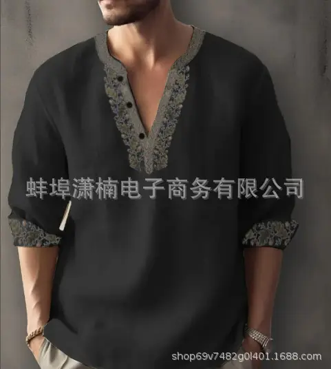 Men's Golden Embroidered V-Neck Pullover Shirt - Image 6