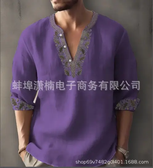 Men's Golden Embroidered V-Neck Pullover Shirt - Image 7