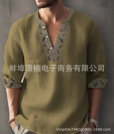 Men's Golden Embroidered V-Neck Pullover Shirt - Image 8