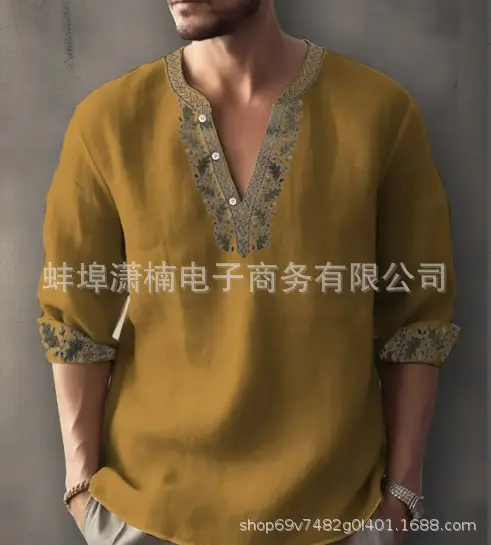 Men's Golden Embroidered V-Neck Pullover Shirt - Image 9