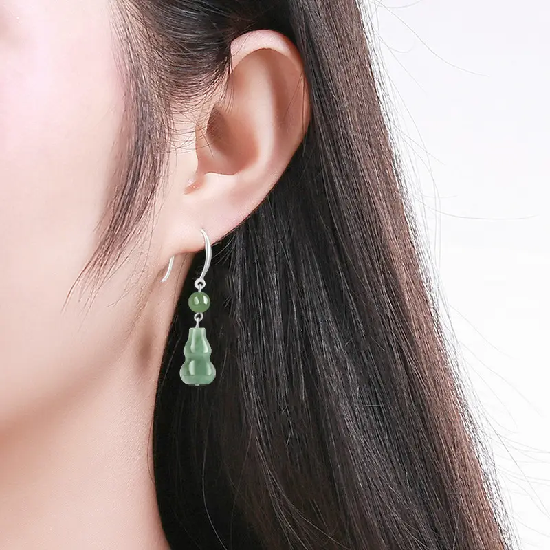 Green Jade Bean Earrings for Women S925 Silver