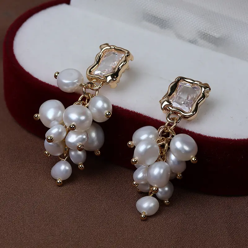 Grape Earrings with Freshwater Pearls & Diamond Clasp