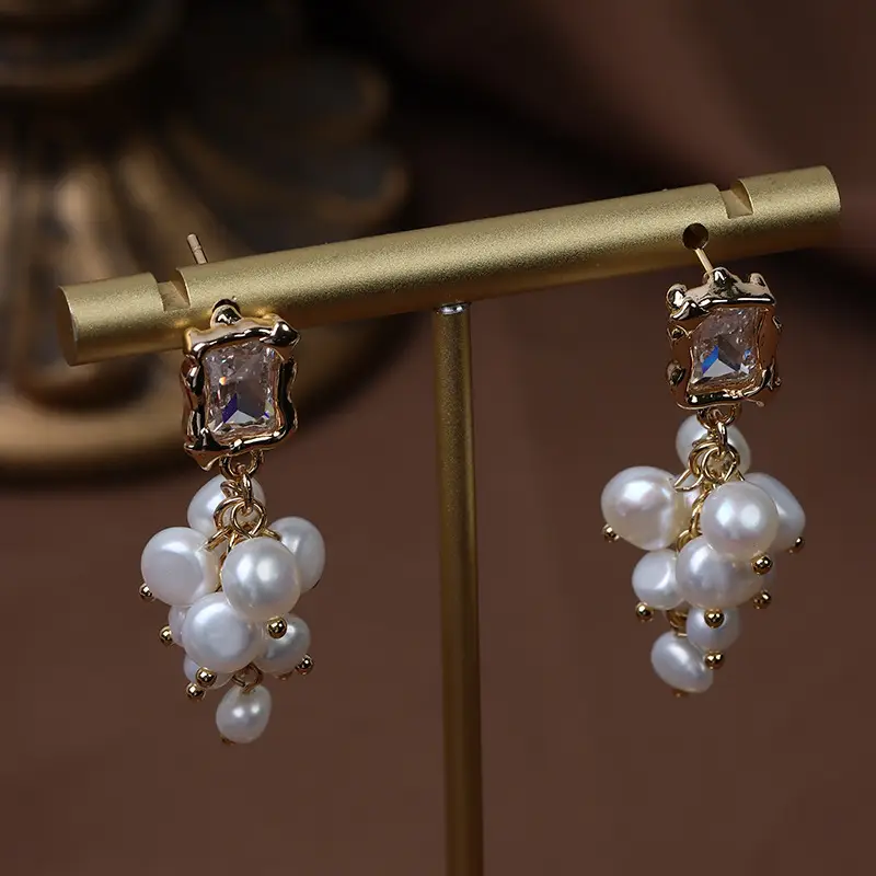 Grape Earrings with Freshwater Pearls & Diamond Clasp - Image 3