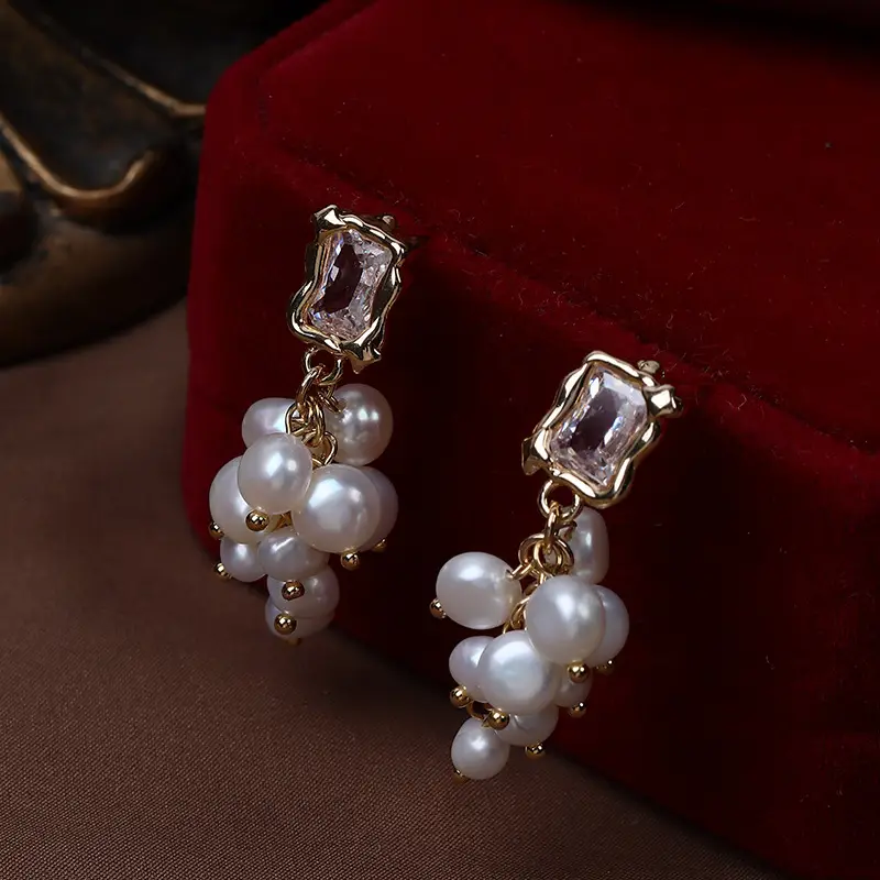 Grape Earrings with Freshwater Pearls & Diamond Clasp - Image 4