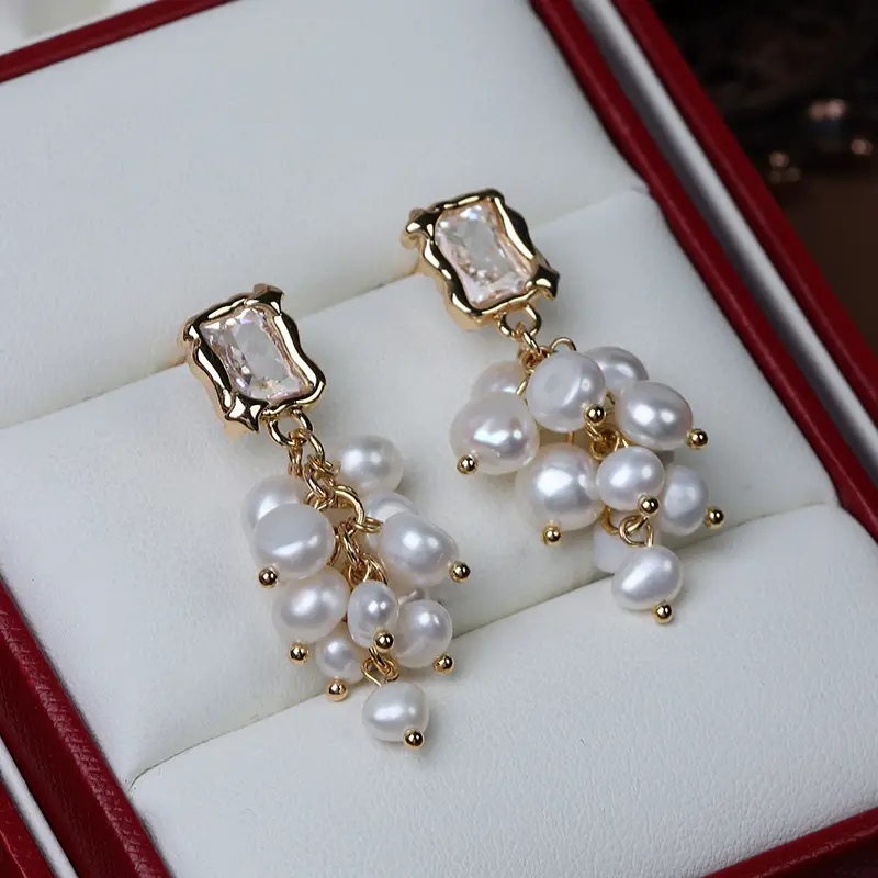 Grape Earrings with Freshwater Pearls & Diamond Clasp - Image 6