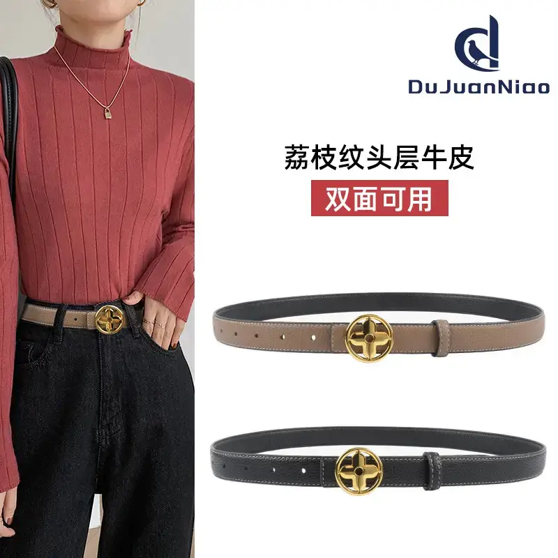 Women's Litchi Green Genuine Leather Belt with Gold Logo - Image 12