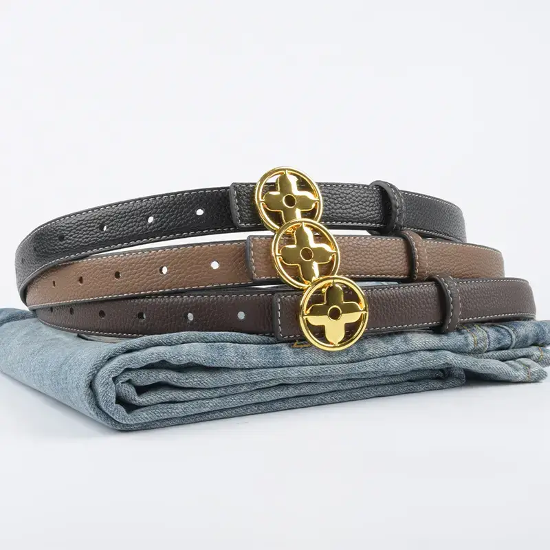Women's Litchi Green Genuine Leather Belt with Gold Logo - Image 13