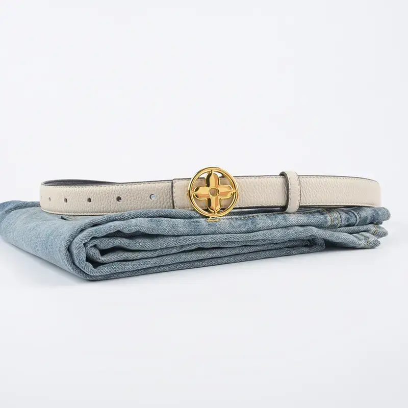 Women's Litchi Green Genuine Leather Belt with Gold Logo - Image 14