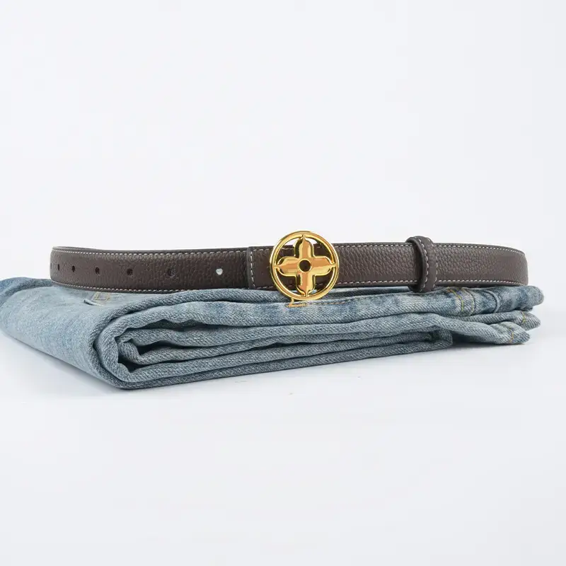 Women's Litchi Green Genuine Leather Belt with Gold Logo - Image 15