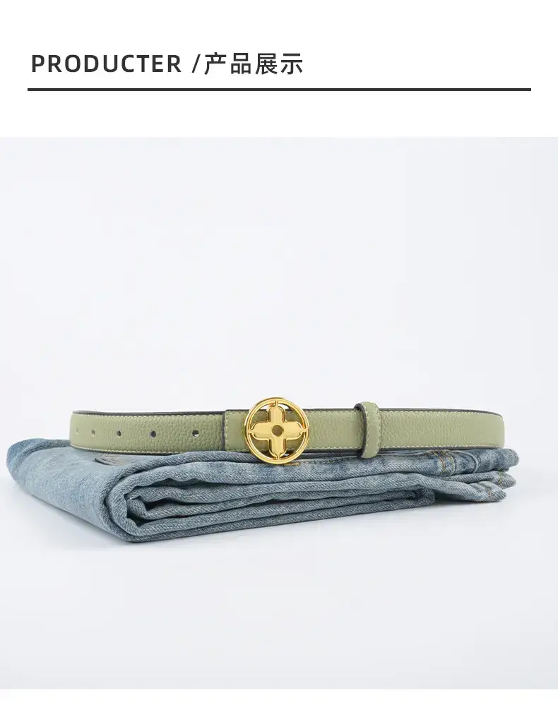 Women's Litchi Green Genuine Leather Belt with Gold Logo β feature 10