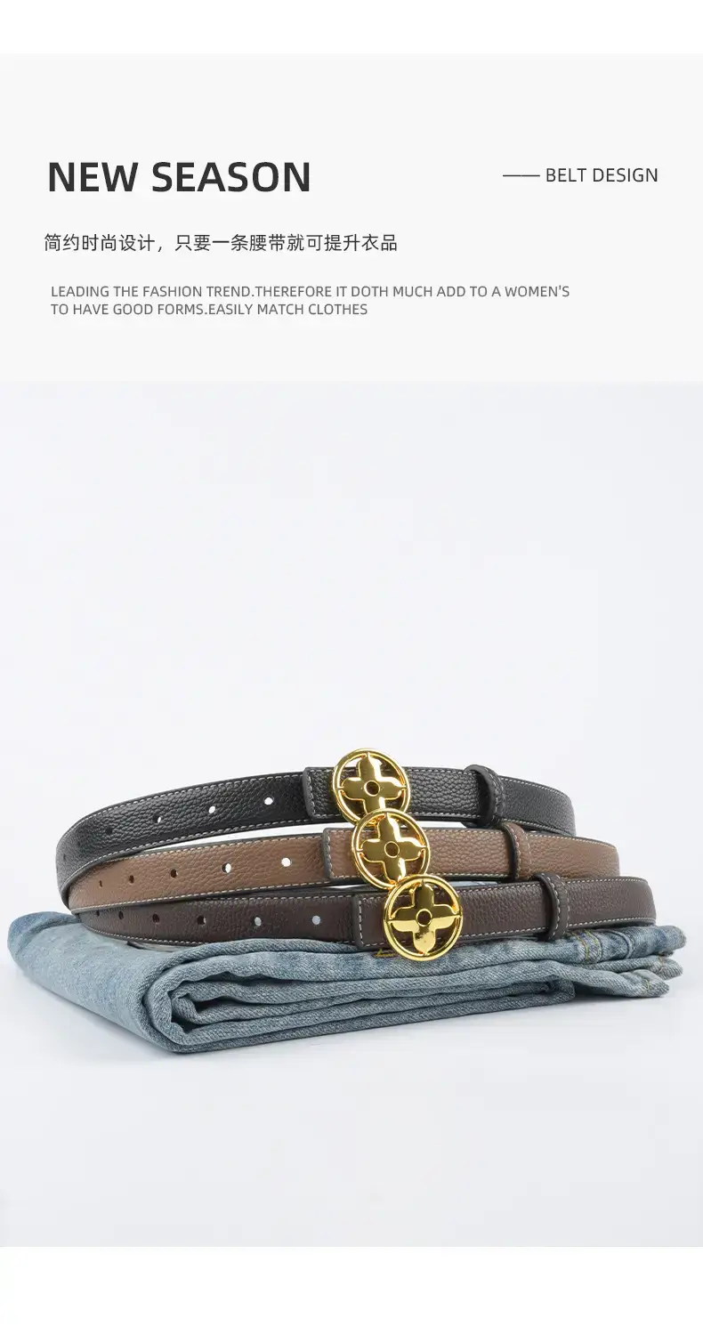 Women's Litchi Green Genuine Leather Belt with Gold Logo β feature 5