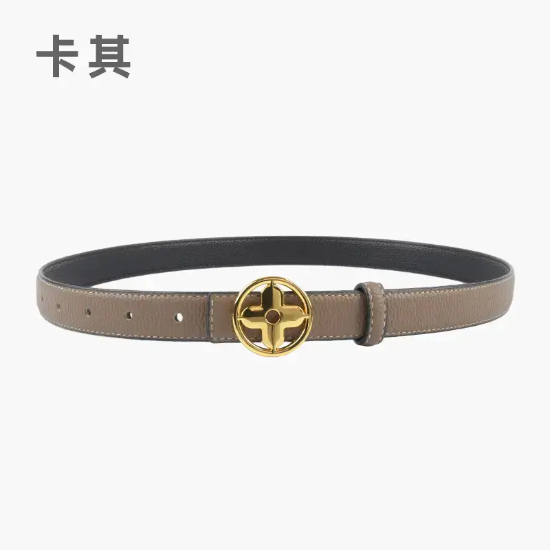 Women's Litchi Green Genuine Leather Belt with Gold Logo - Image 3