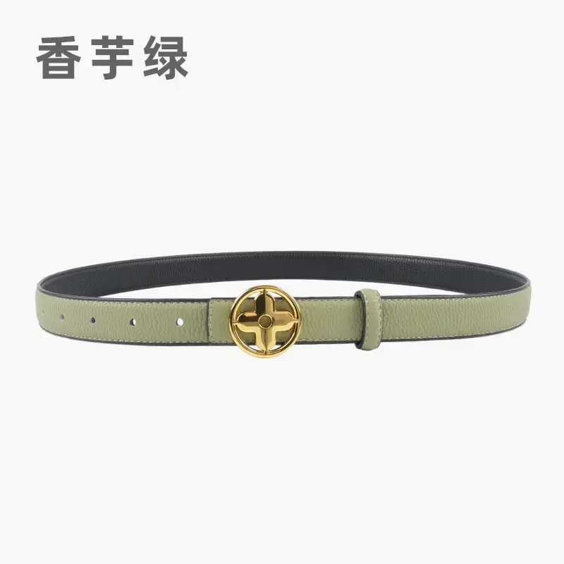Women's Litchi Green Genuine Leather Belt with Gold Logo - Image 4