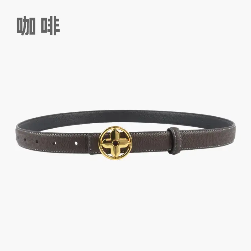 Women's Litchi Green Genuine Leather Belt with Gold Logo - Image 5