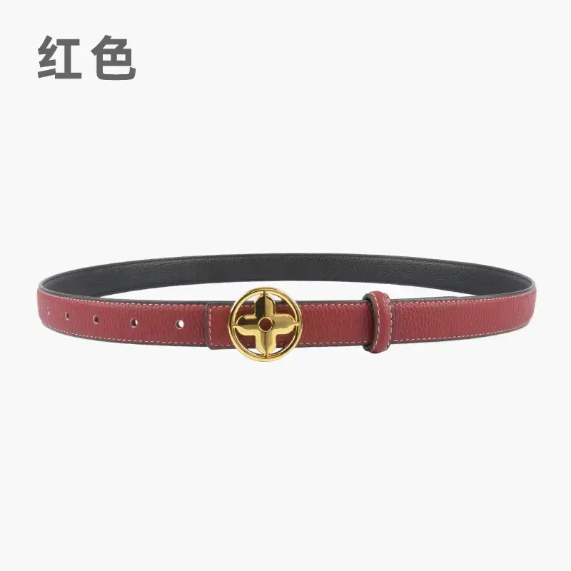 Women's Litchi Green Genuine Leather Belt with Gold Logo - Image 7