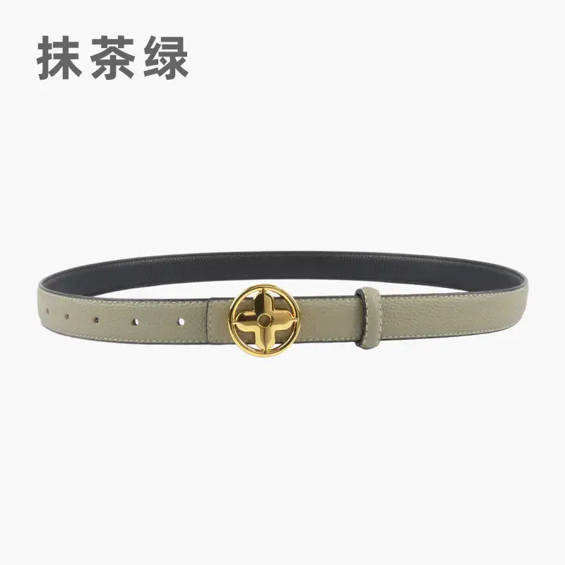 Women's Litchi Green Genuine Leather Belt with Gold Logo - Image 8