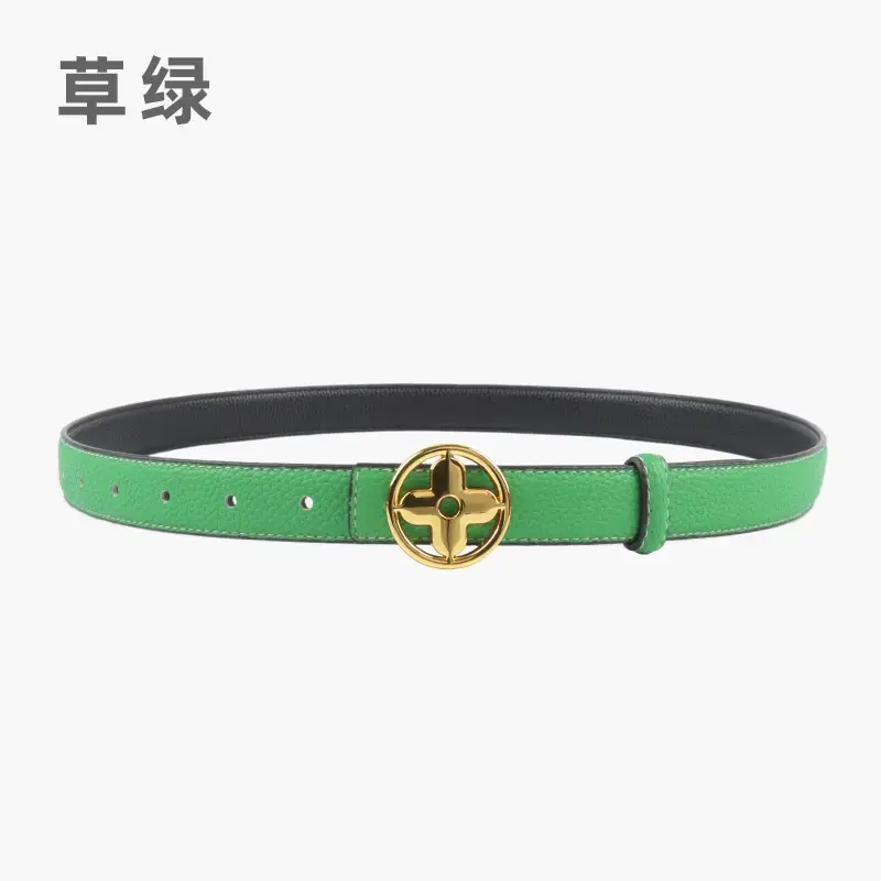 Women's Litchi Green Genuine Leather Belt with Gold Logo - Image 9