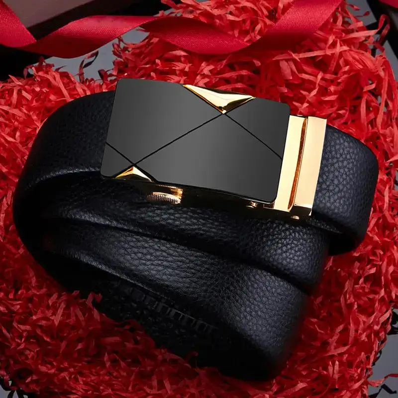 Men's Black Leather Belt with Gold-tone Automatic Buckle - Image 5
