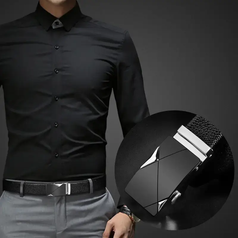 Men's Black Leather Belt with Gold-tone Automatic Buckle - Image 6