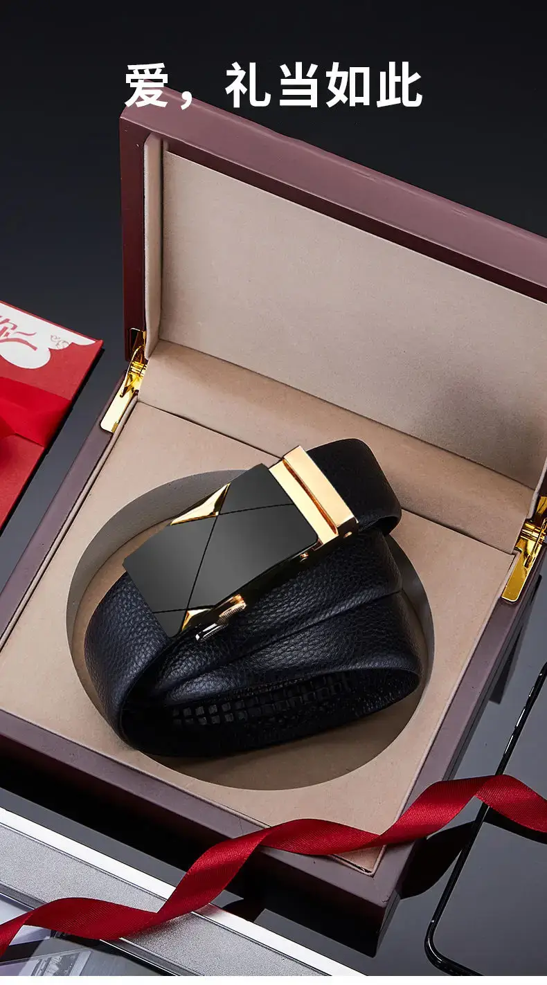 Men's Black Leather Belt with Gold-tone Automatic Buckle β feature 11