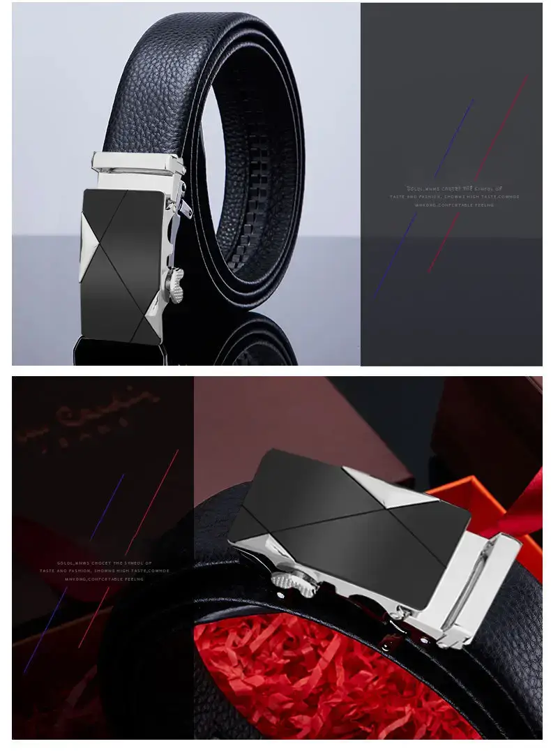 Men's Black Leather Belt with Gold-tone Automatic Buckle β feature 13