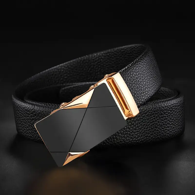 Men's Black Leather Belt with Gold-tone Automatic Buckle